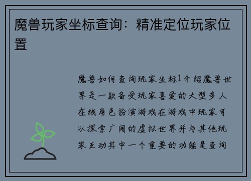 魔兽玩家坐标查询：精准定位玩家位置